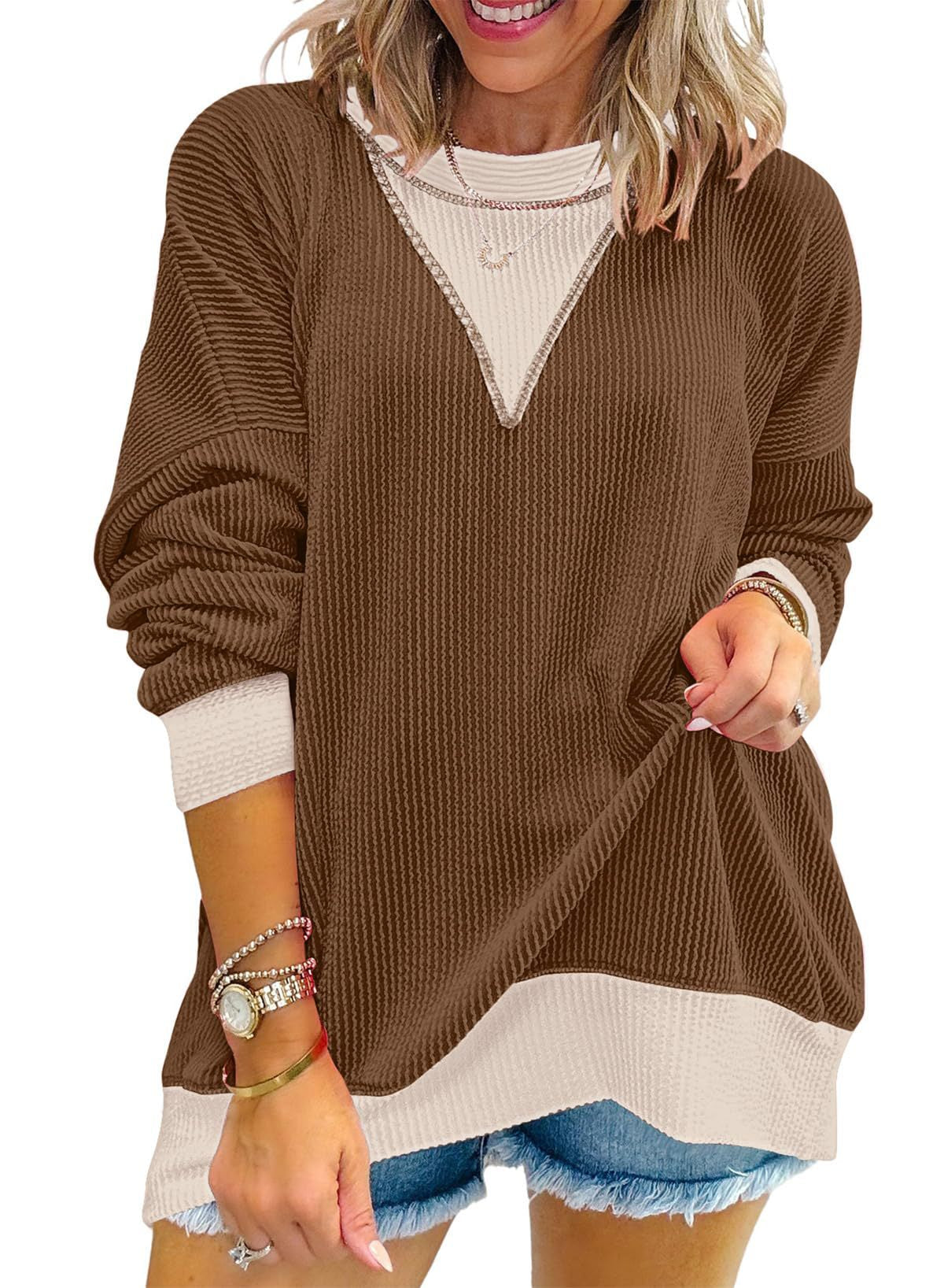 Colorblock Top Casual Waffle V-Neck Oversized