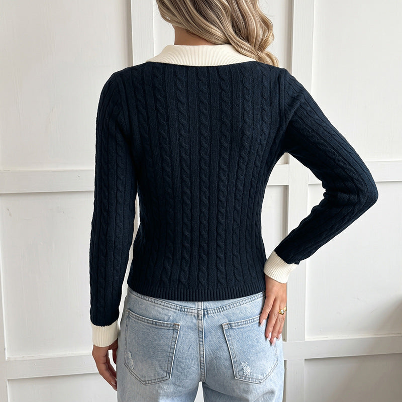 Cable Knit Polo Sweater Contrast Layered Long Sleeve Top