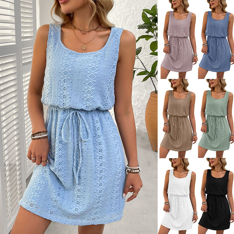 Sleeveless Eyelet Dress Square Neck Drawstring Summer