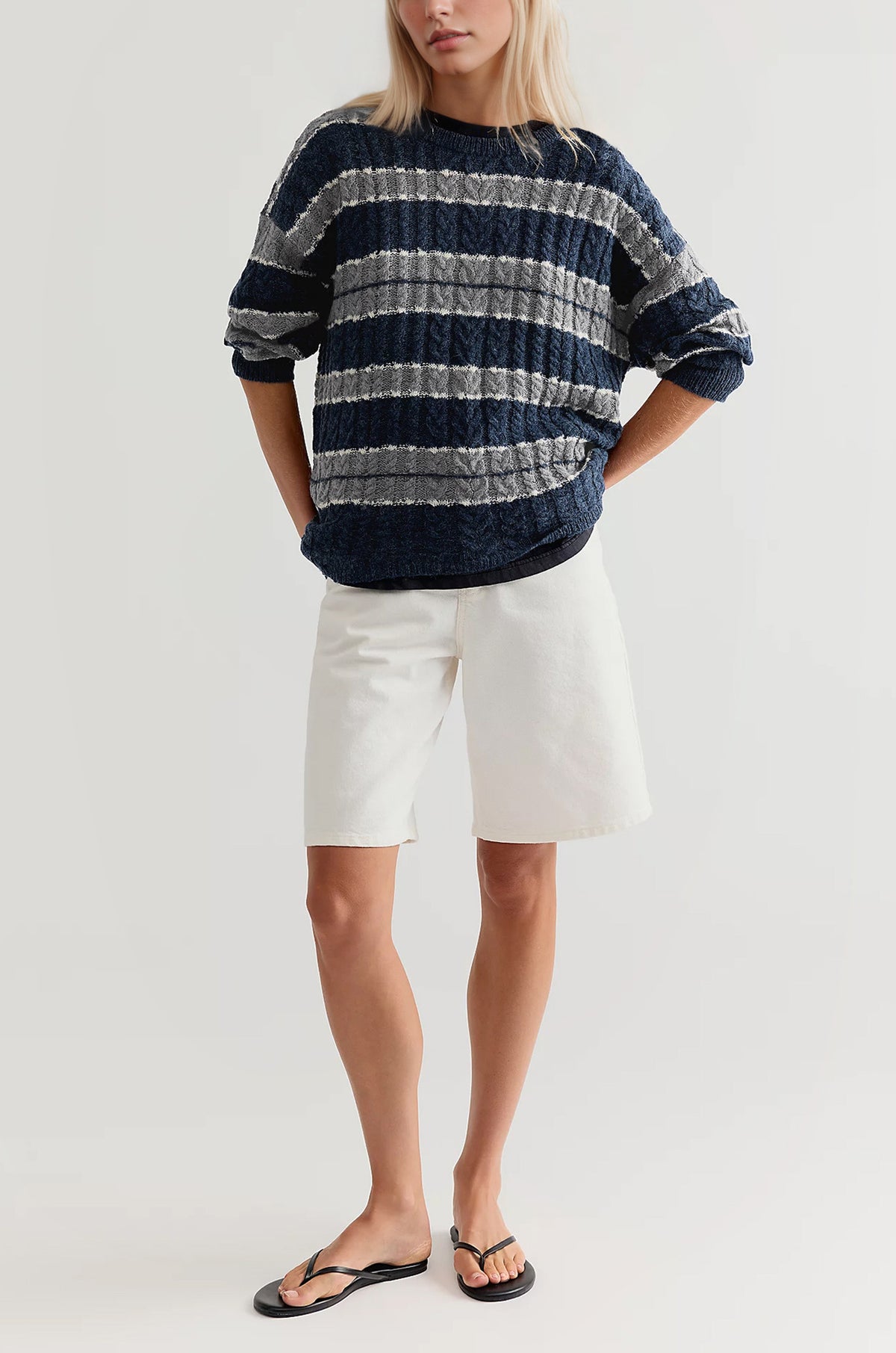 Women's Oversized Cable Knit Striped Crew Neck Sweater