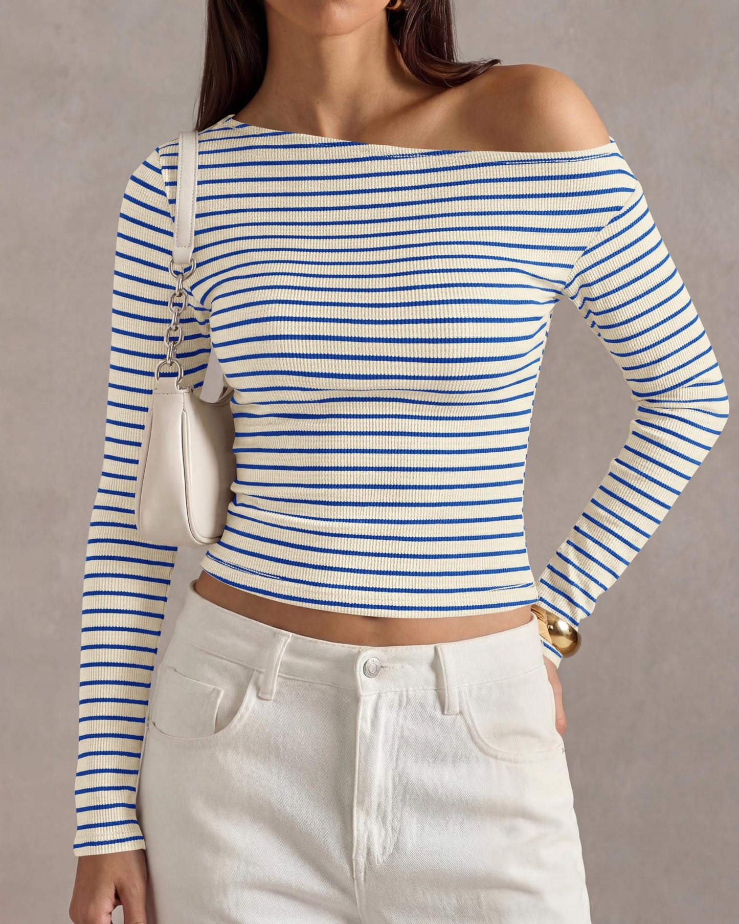 Ribbed Off Shoulder Striped Long Sleeve Knit Top