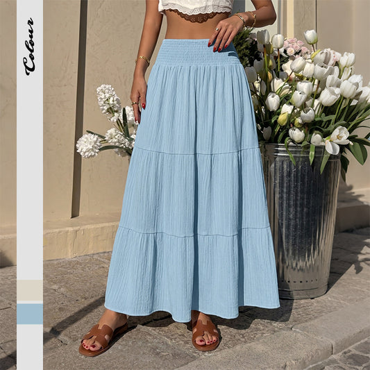 Solid Gauze Skirt Boho Smocked Tiered Maxi