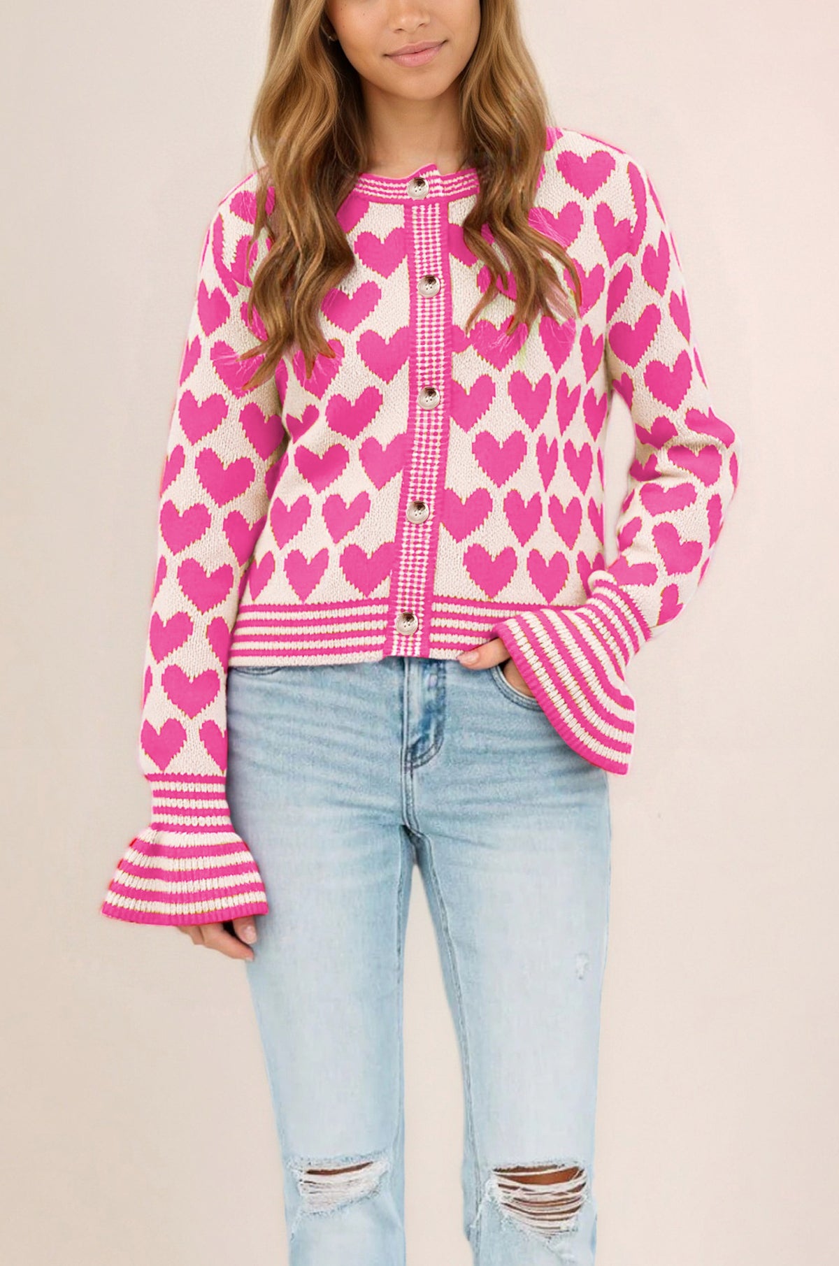 Women's Heart Print Bell Sleeve Knit Cardigan Sweater