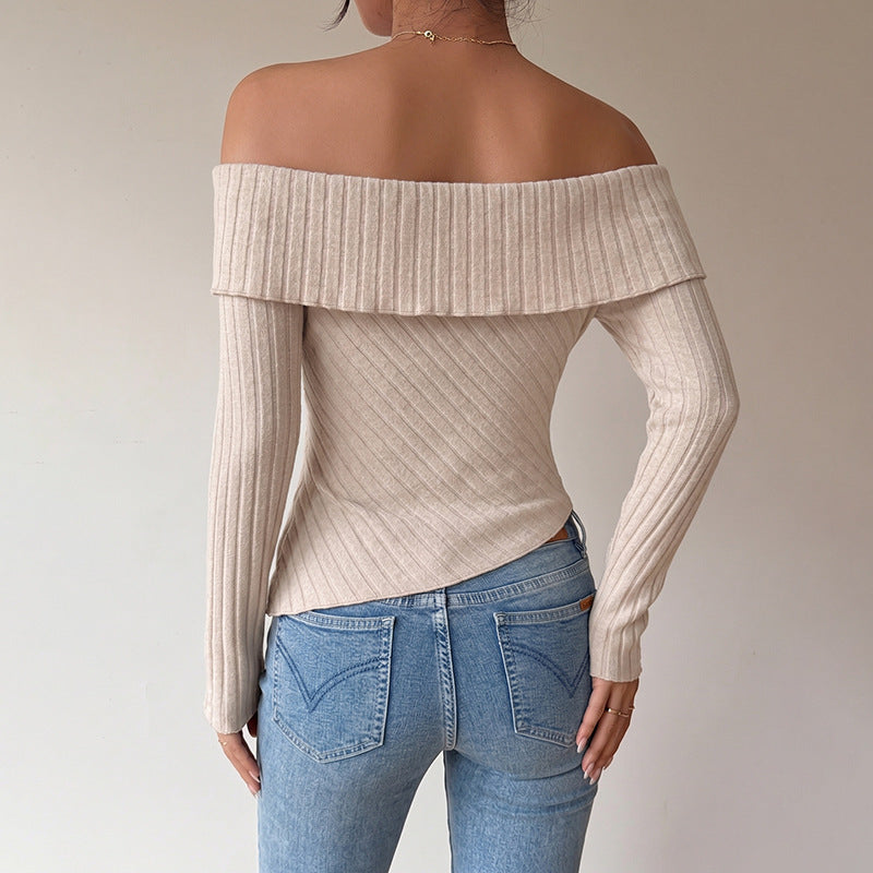 Off Shoulder Ribbed Knit Top Long Sleeve Slim Fit Blouse