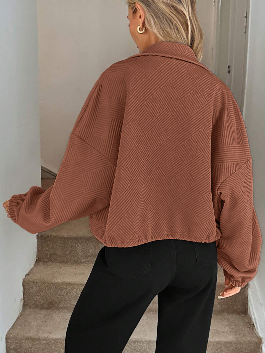Textured Polyester Jacket Casual Bomber Oversized Zip Up