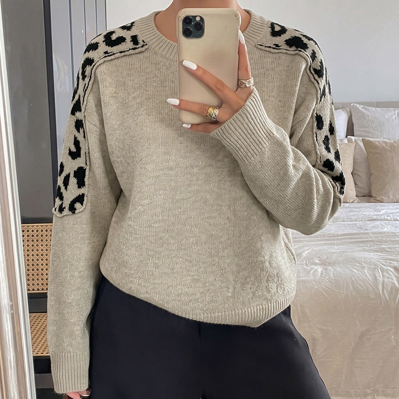 Leopard Contrast Knit Sweater Crew Neck Long Sleeve