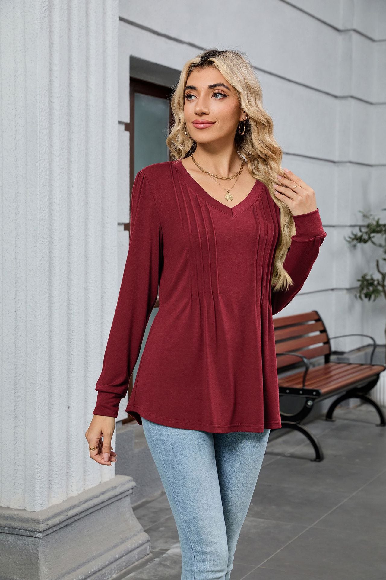 V-Neck Pleated Top – Soft Jersey Long Sleeve Tee