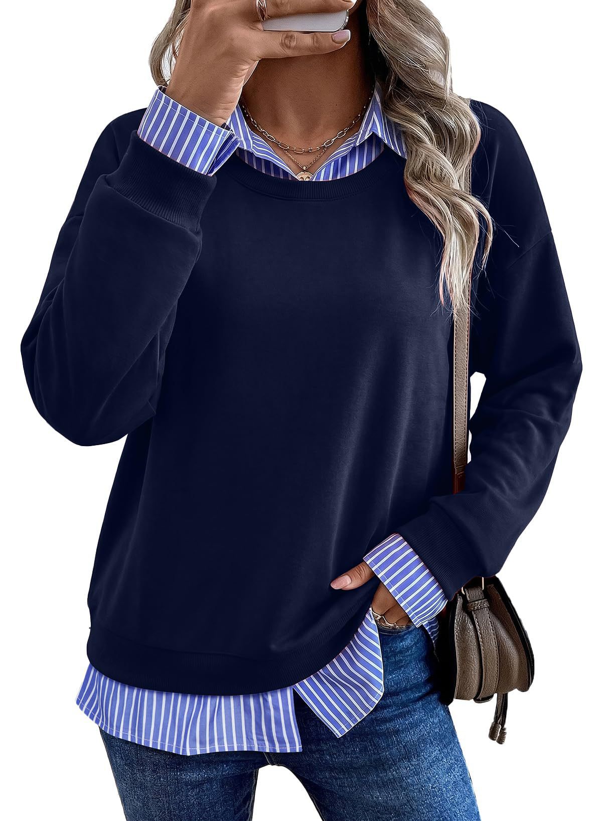 Faux Layered Crewneck Sweatshirt Striped Shirt Detail