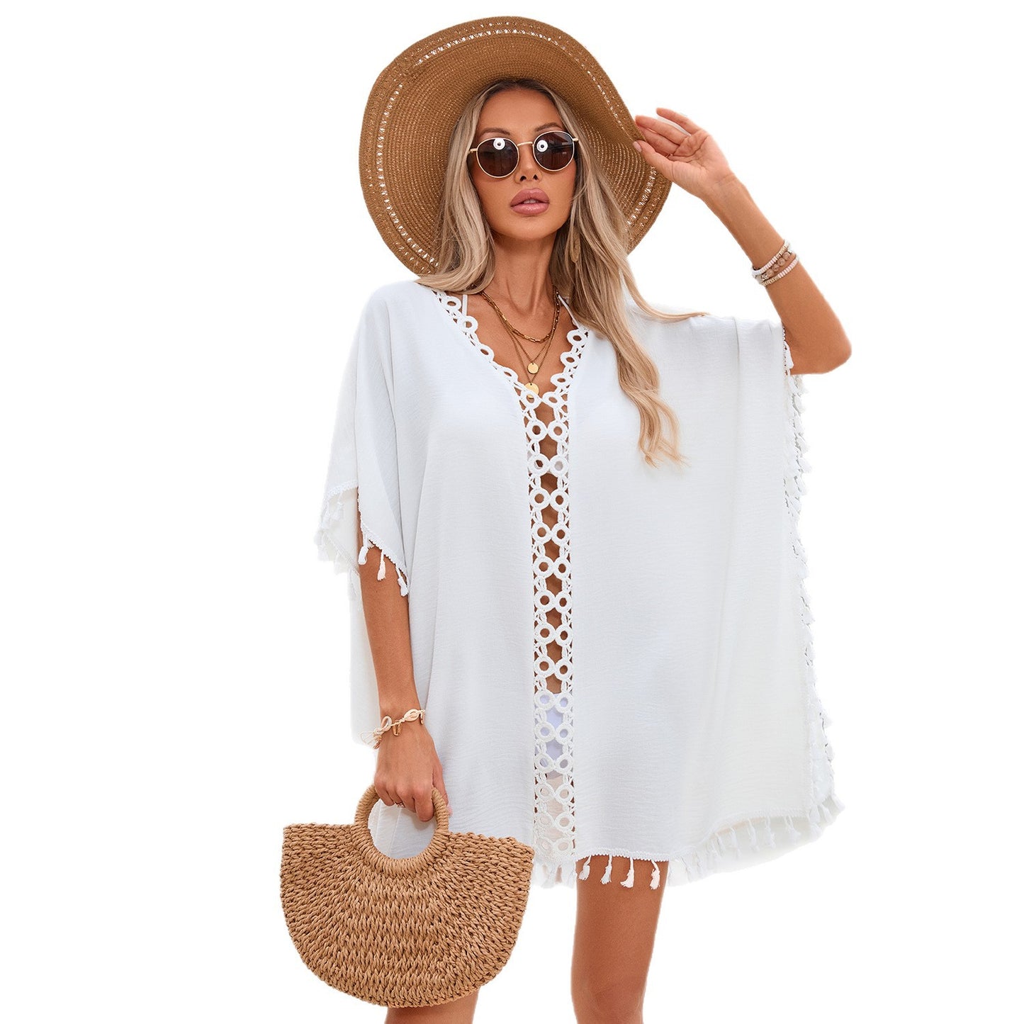 Crochet Trim Tassel Kimono Beach Cover Up