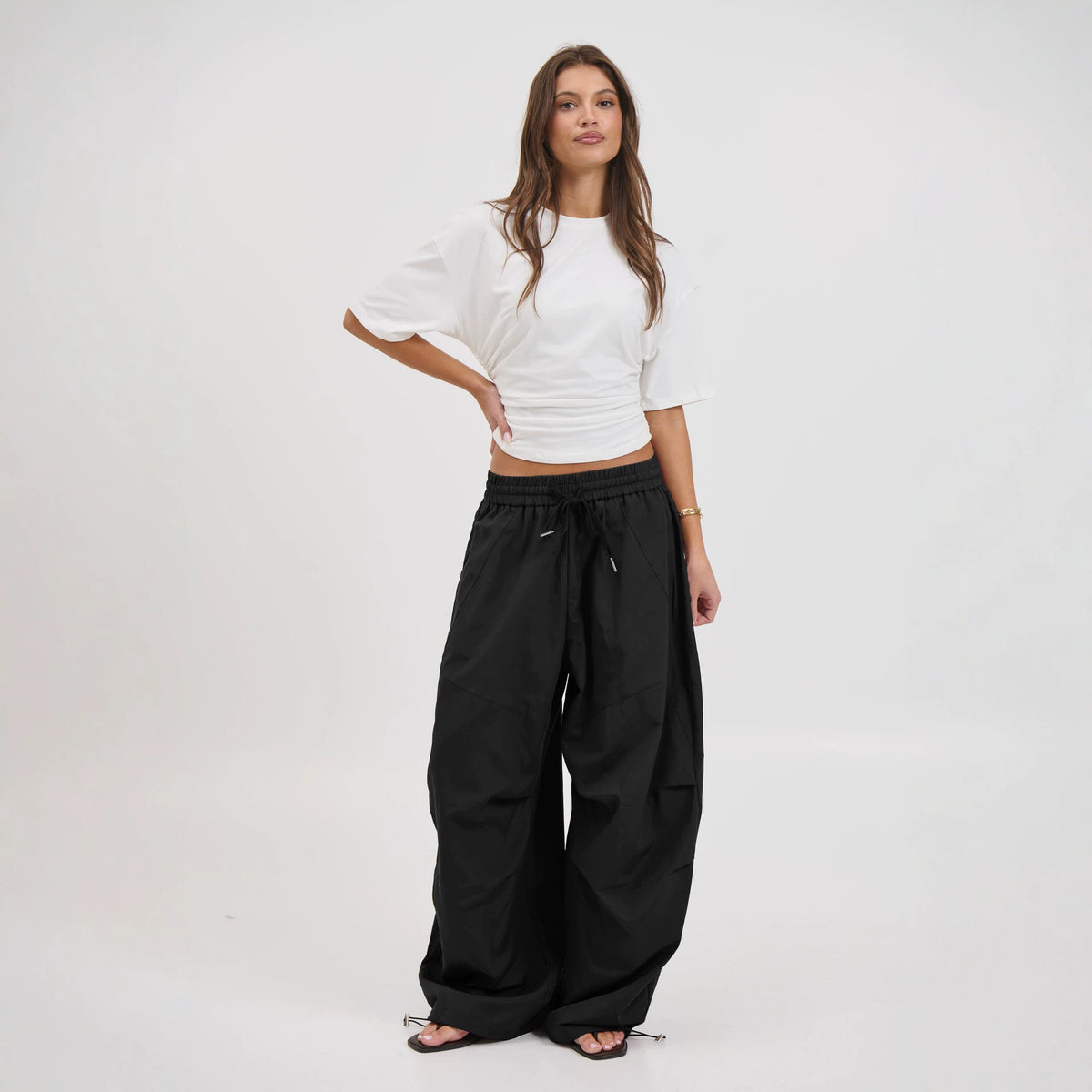 Womens Parachute Cargo Pants Wide Leg Drawstring