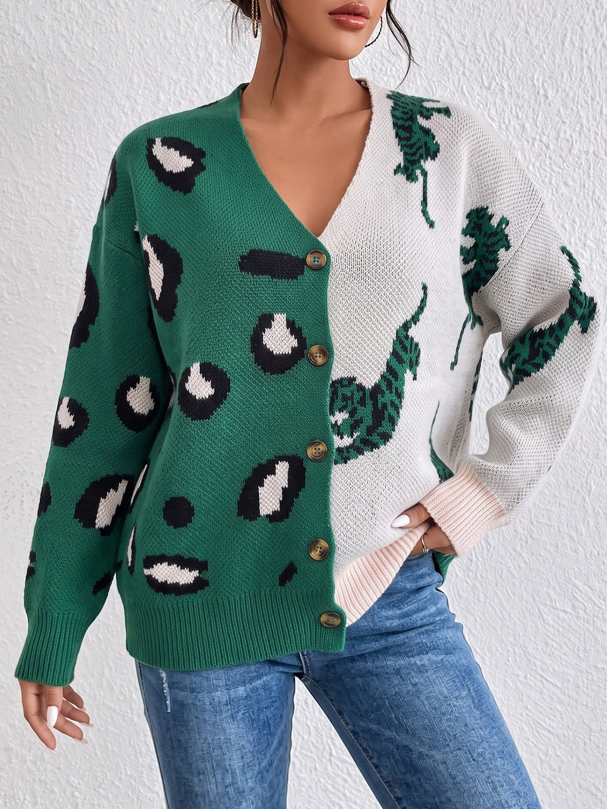 Color Block Leopard Print V-Neck Button Cardigan Sweater