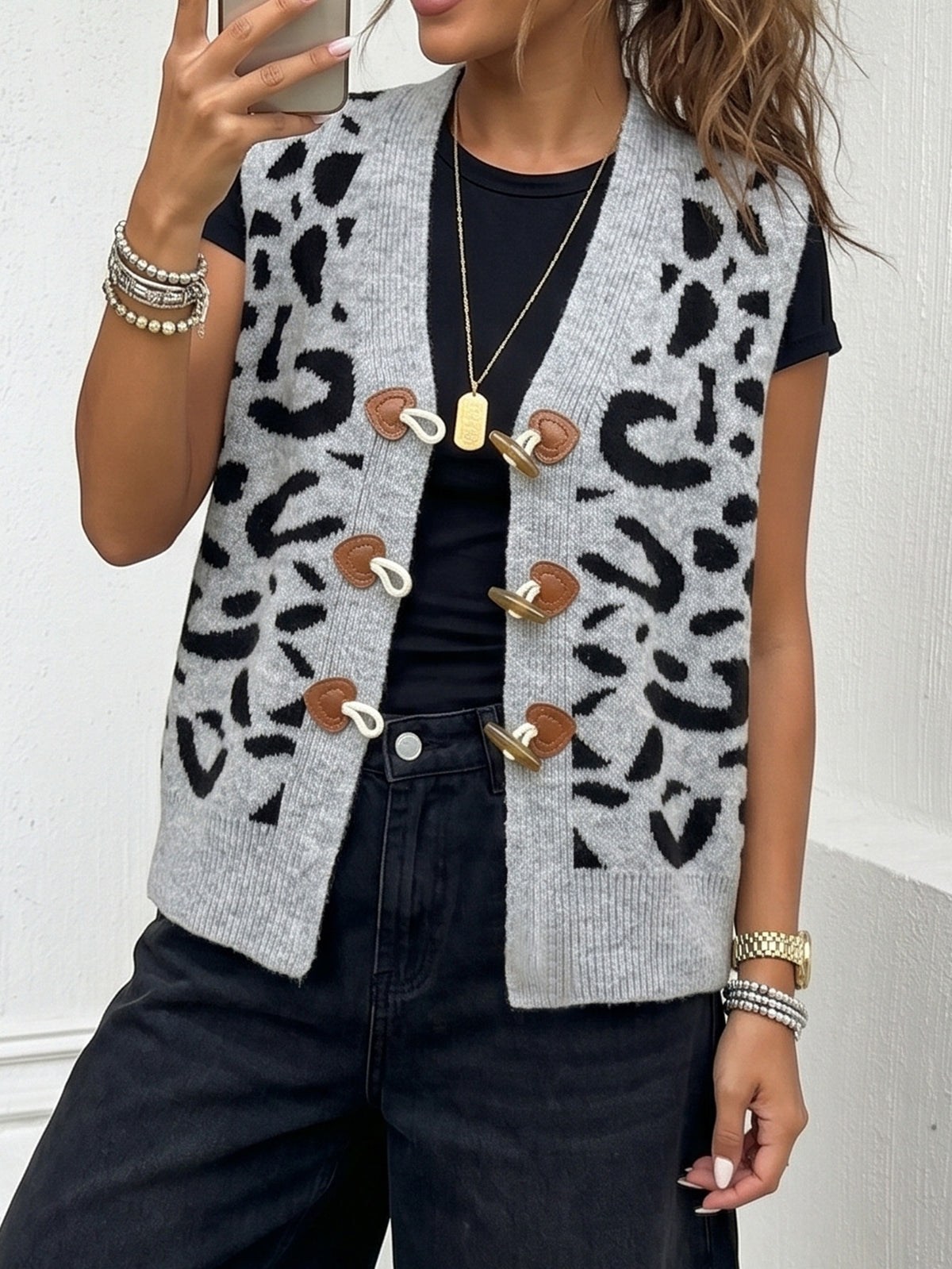 Women Leopard Sweater Vest V-Neck Toggle Button Knit