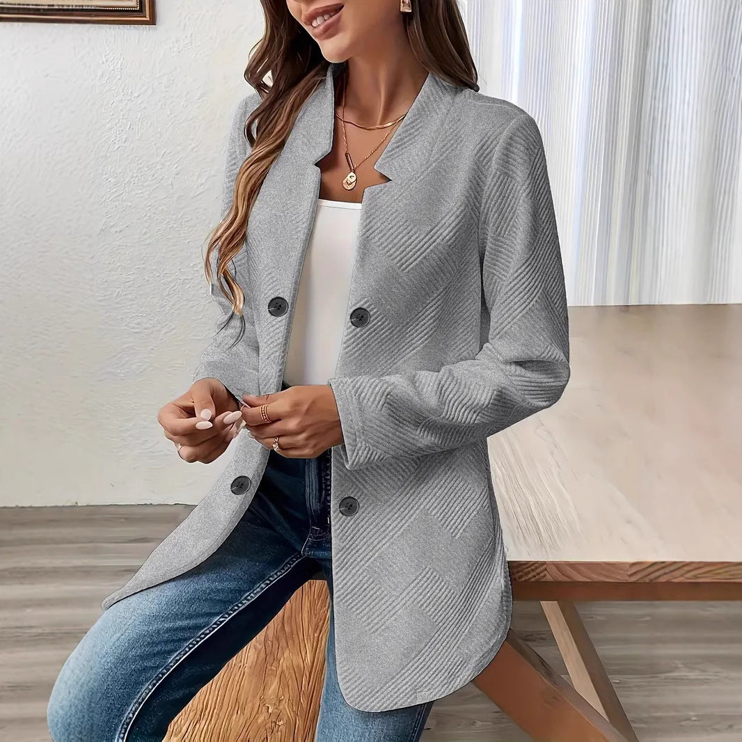 Womens Textured Double Breasted Blazer Stand Collar