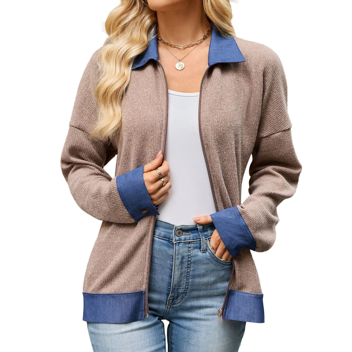 Womens Color Block Denim Trim Zip Up Collared Jacket