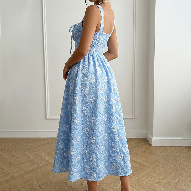 Floral Jacquard Midi Dress Square Neck A Line