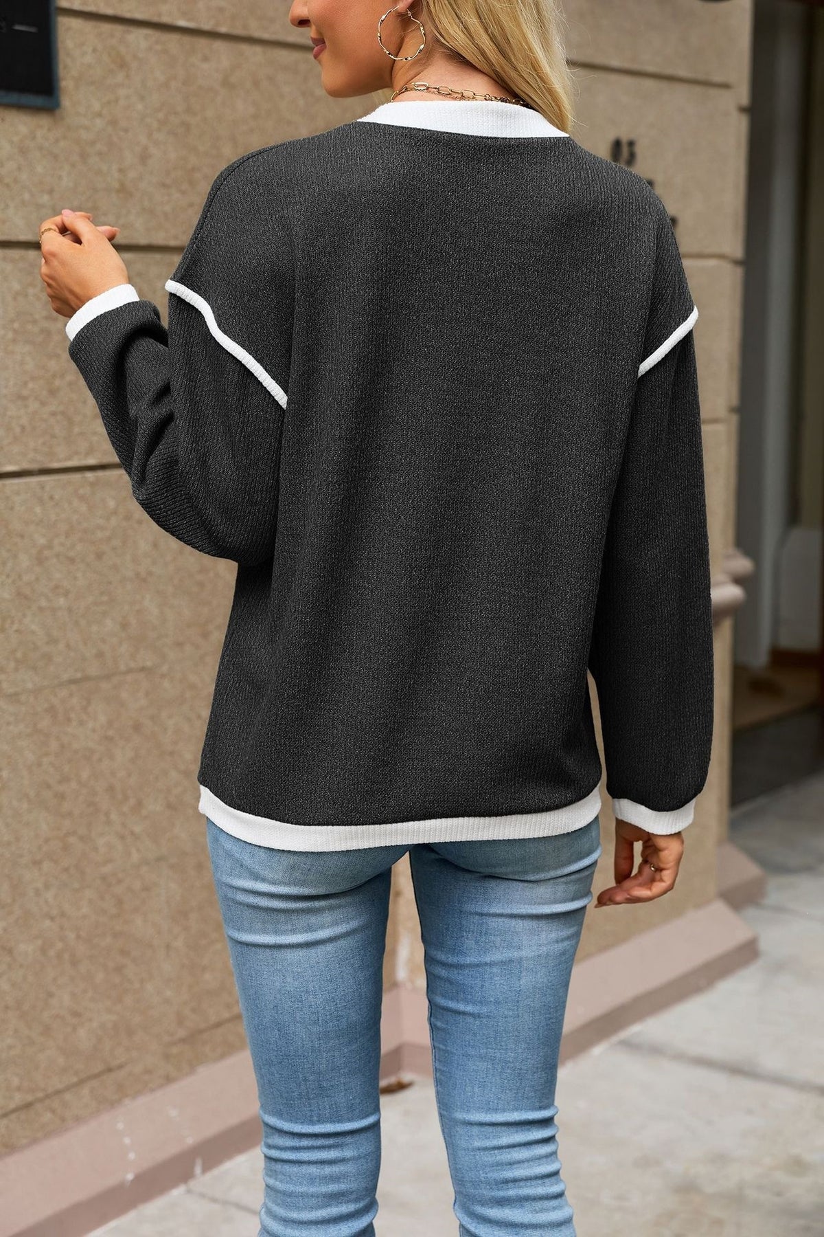 Women's Contrast Henley Long Sleeve Loose Casual Top