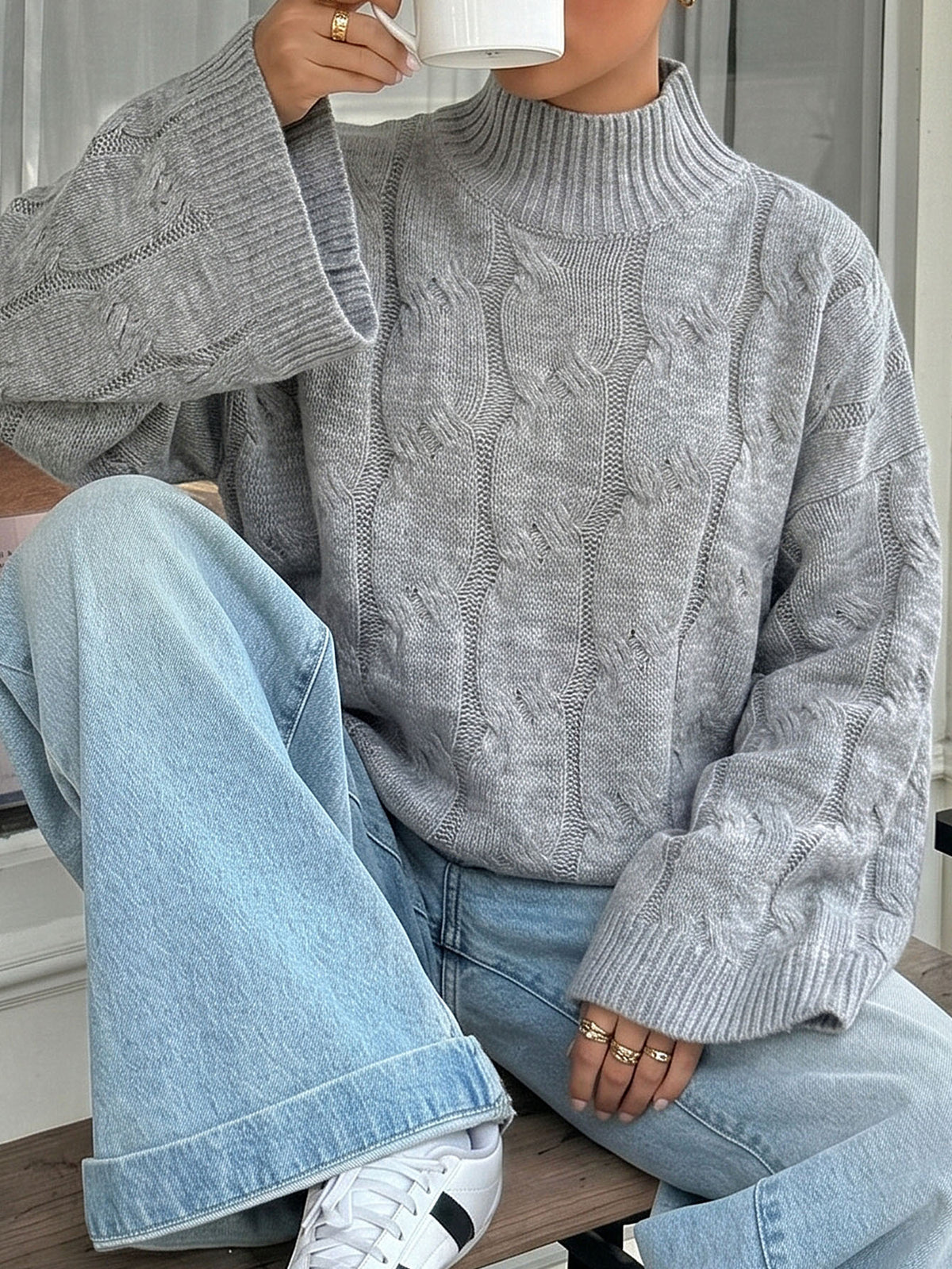 Women's Oversized Cable Knit Mock Neck Sweater