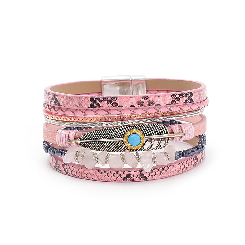 Boho Leather Feather Turquoise Wrap Bracelet for Women