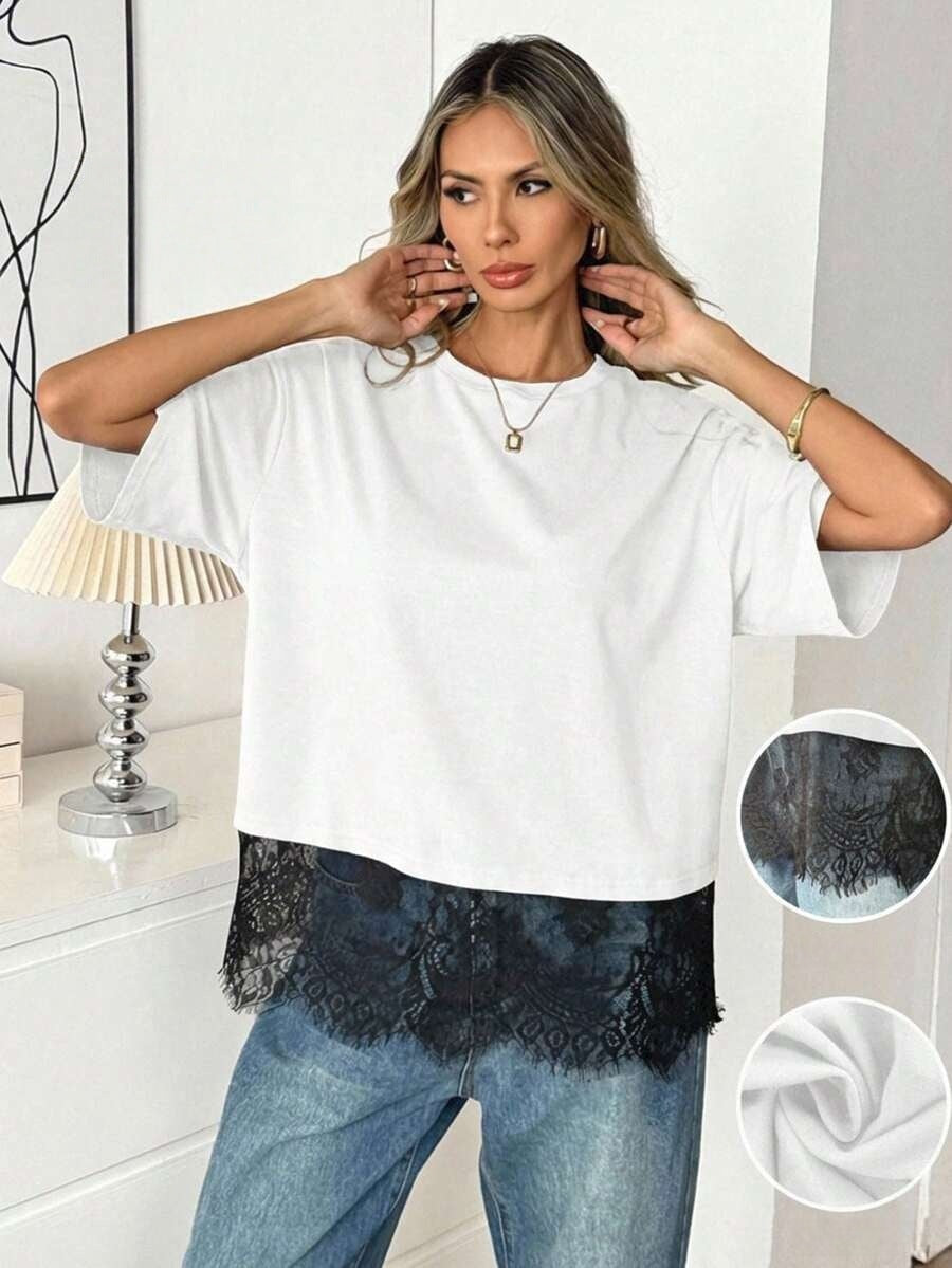 Solid  Lace Trim Loose Fit Short Sleeve Top