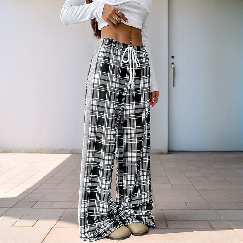 High Waist Plaid Wide Leg Pants Black and White Trousers