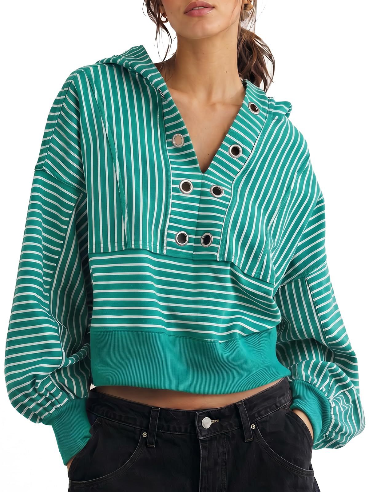 Women's Oversized Striped Cropped Hoodie V Neck Long Sleeve