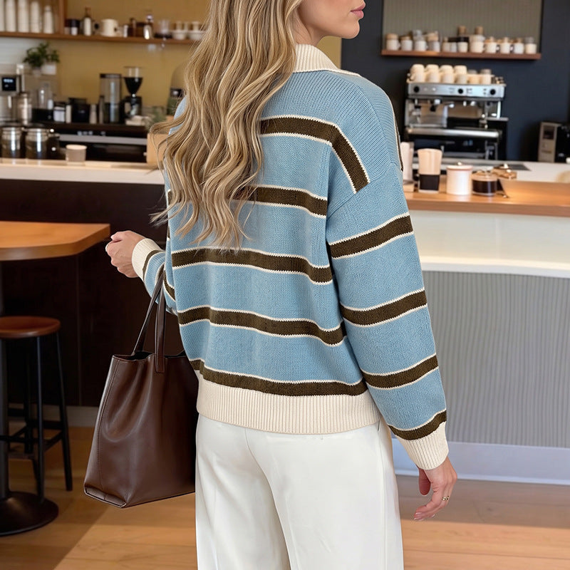 Striped Acrylic Sweater Preppy Polo Collar Relaxed Fit