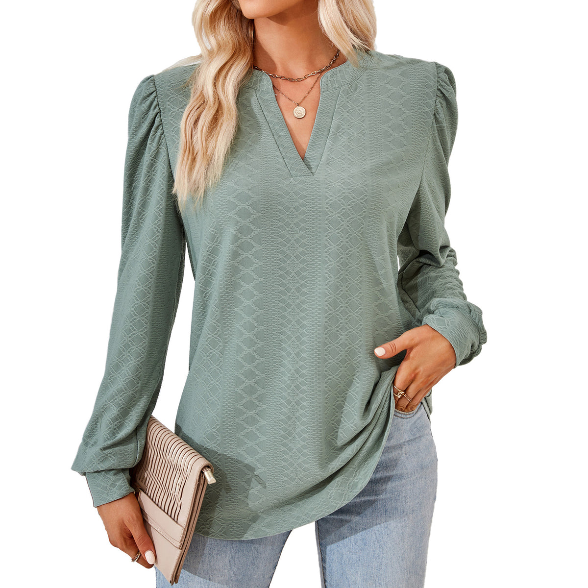 Women's V Neck Puff Sleeve Textured Long Sleeve Tunic Top