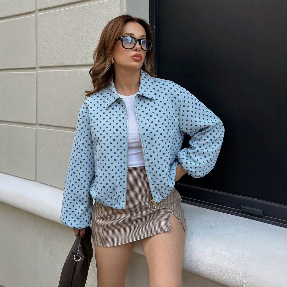 Women's Vintage Polka Dot Cropped Zip-Up Jacket