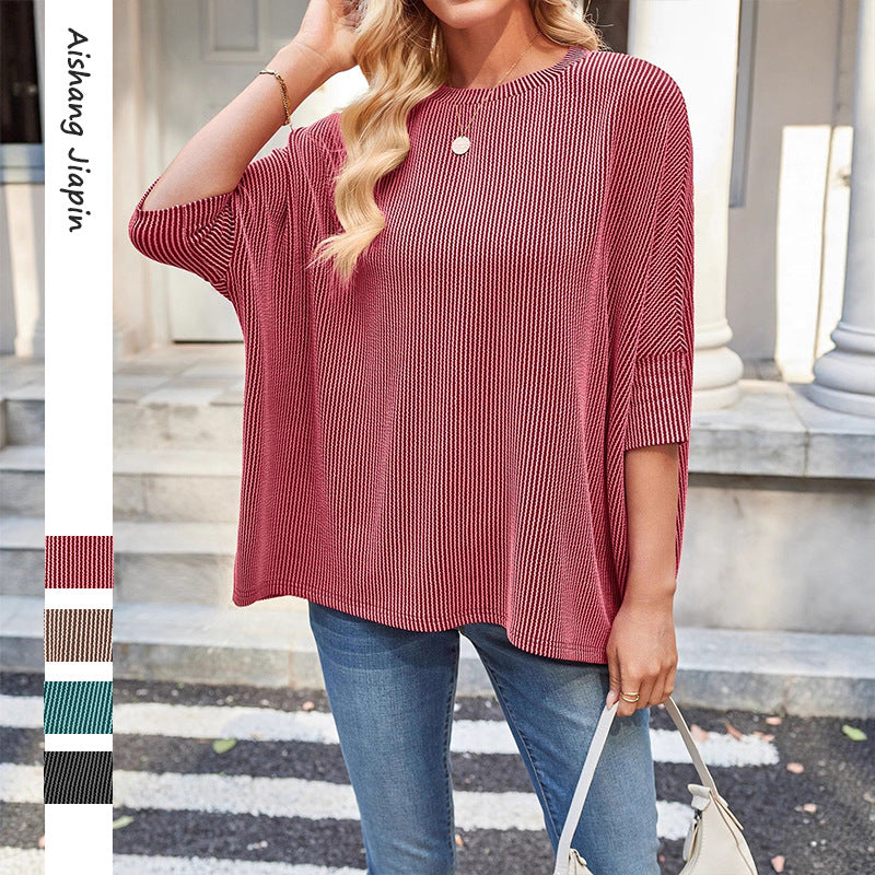 Ribbed Oversized Batwing Sleeve Crewneck Tee Top