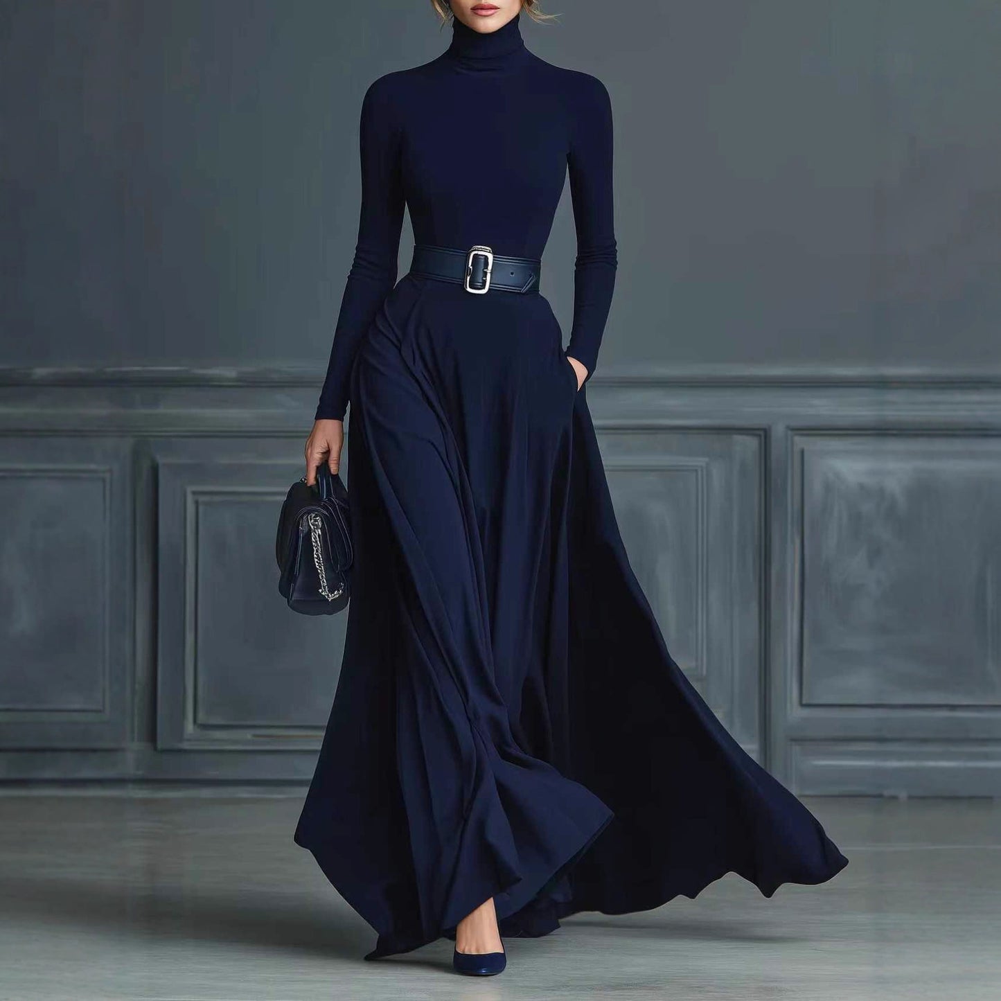 Women's Turtleneck Fit & Flare Long Sleeve Maxi Dress