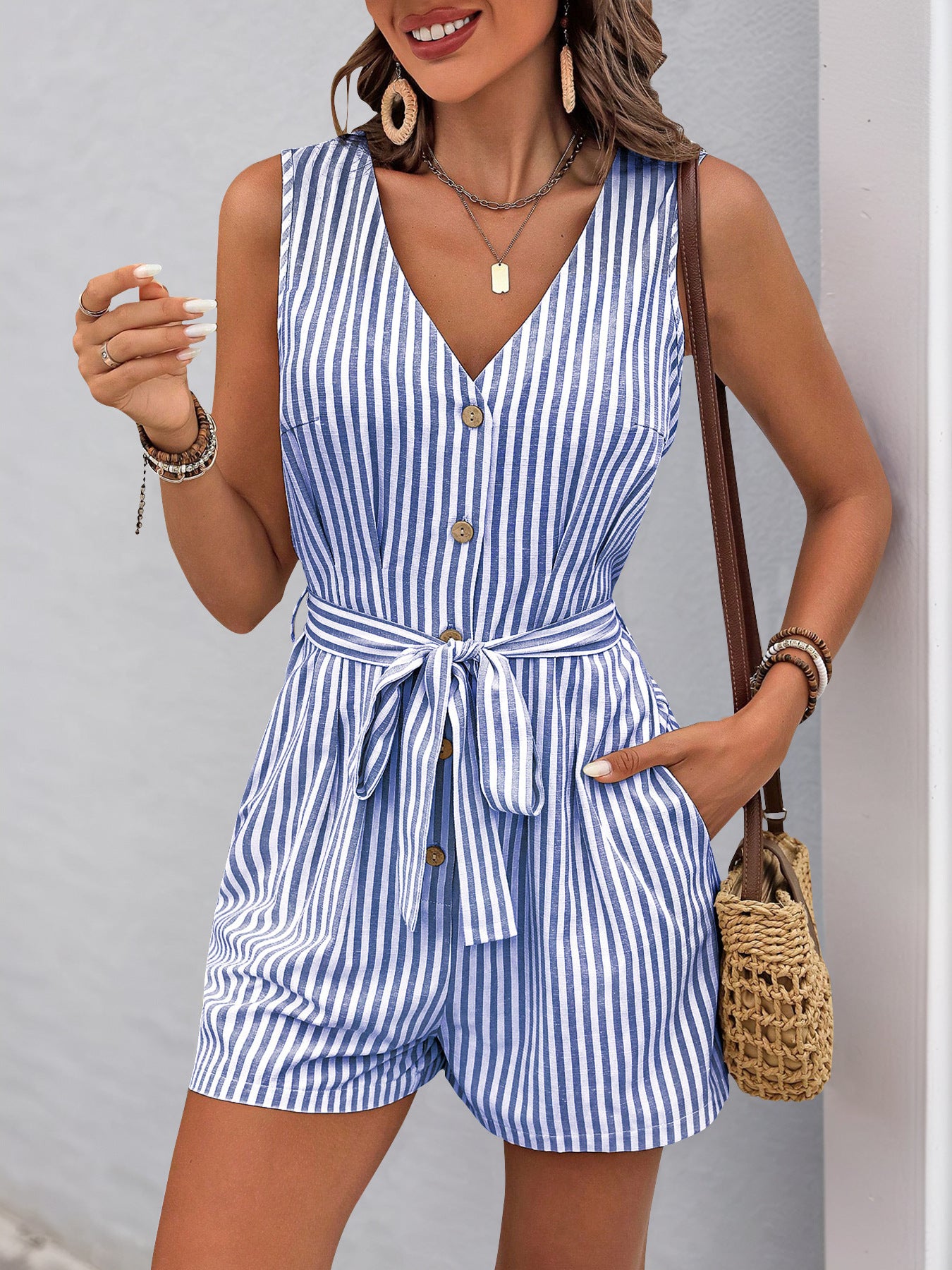 2025 Summer Striped v-Neck Sleeveless One-piece Shorts