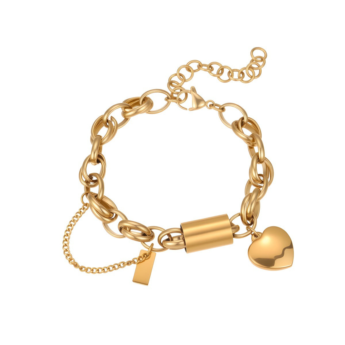 18K Gold Plated Heart Pendant Chunky Chain Bracelet