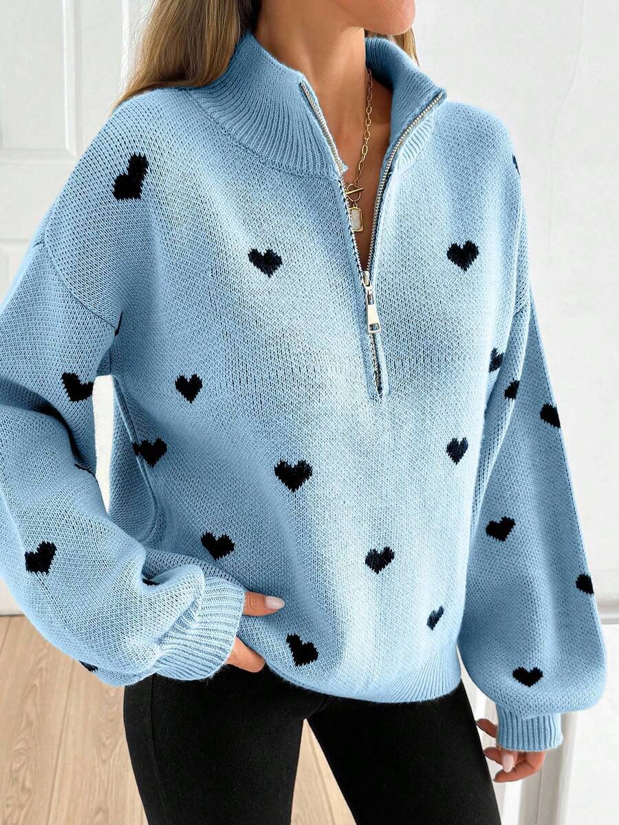 Half Zip Sweater with Heart Print, Oversized Knit Pullover