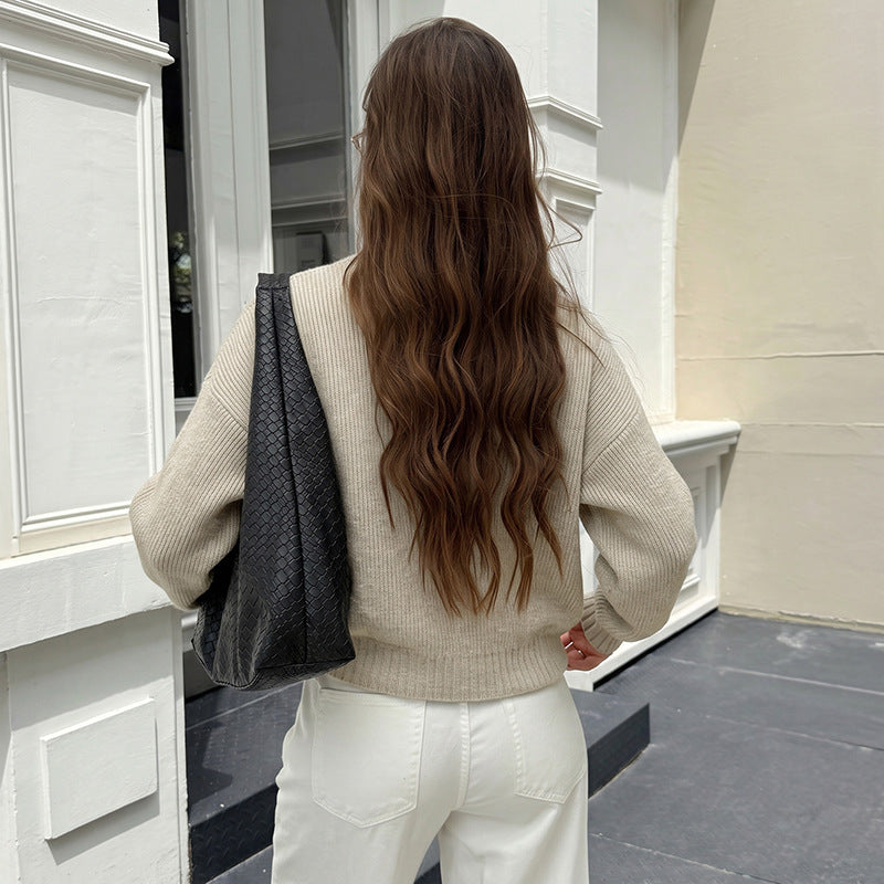 Zip Up Knit Cardigan Relaxed Fit Long Sleeve Sweater