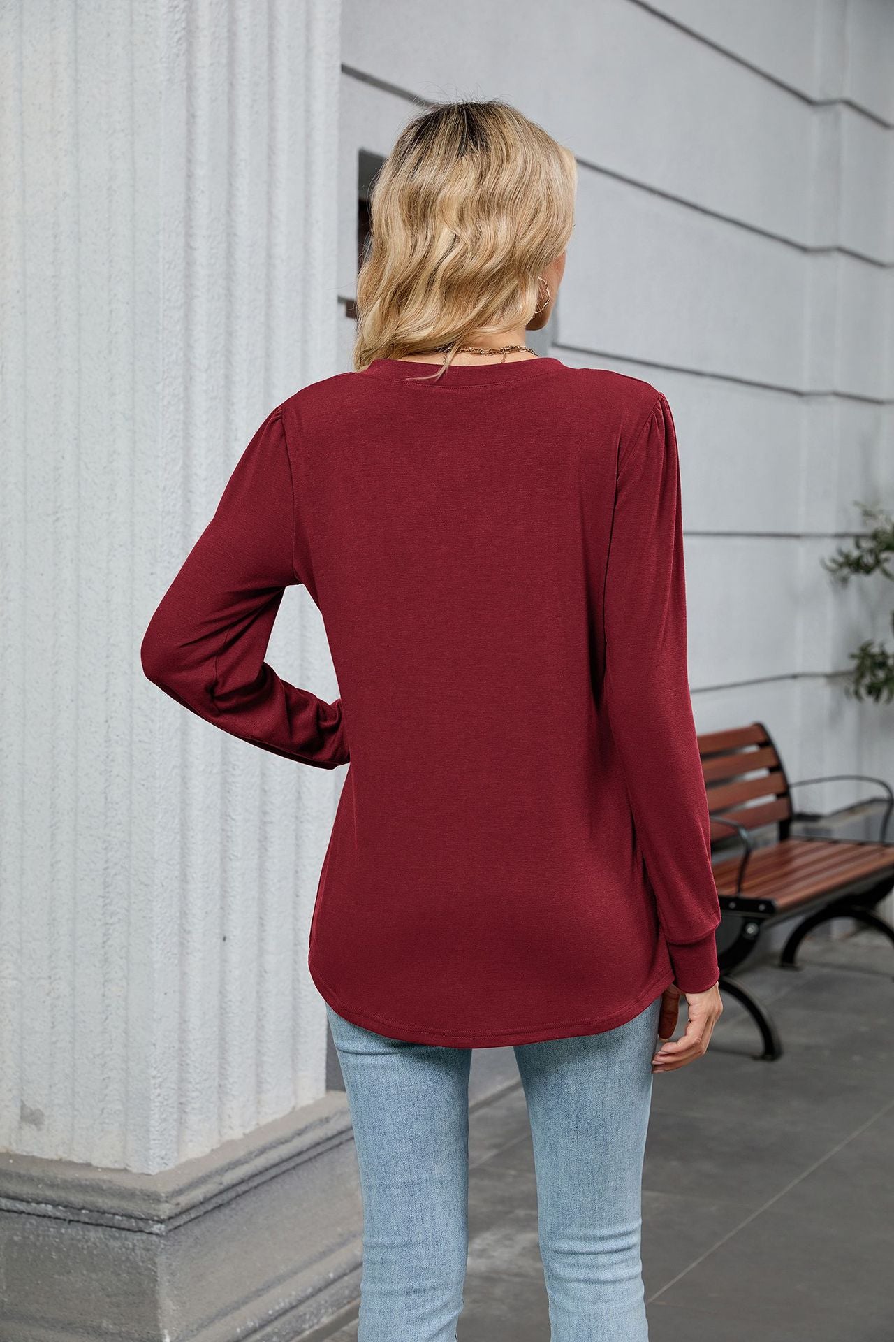 V-Neck Pleated Top – Soft Jersey Long Sleeve Tee