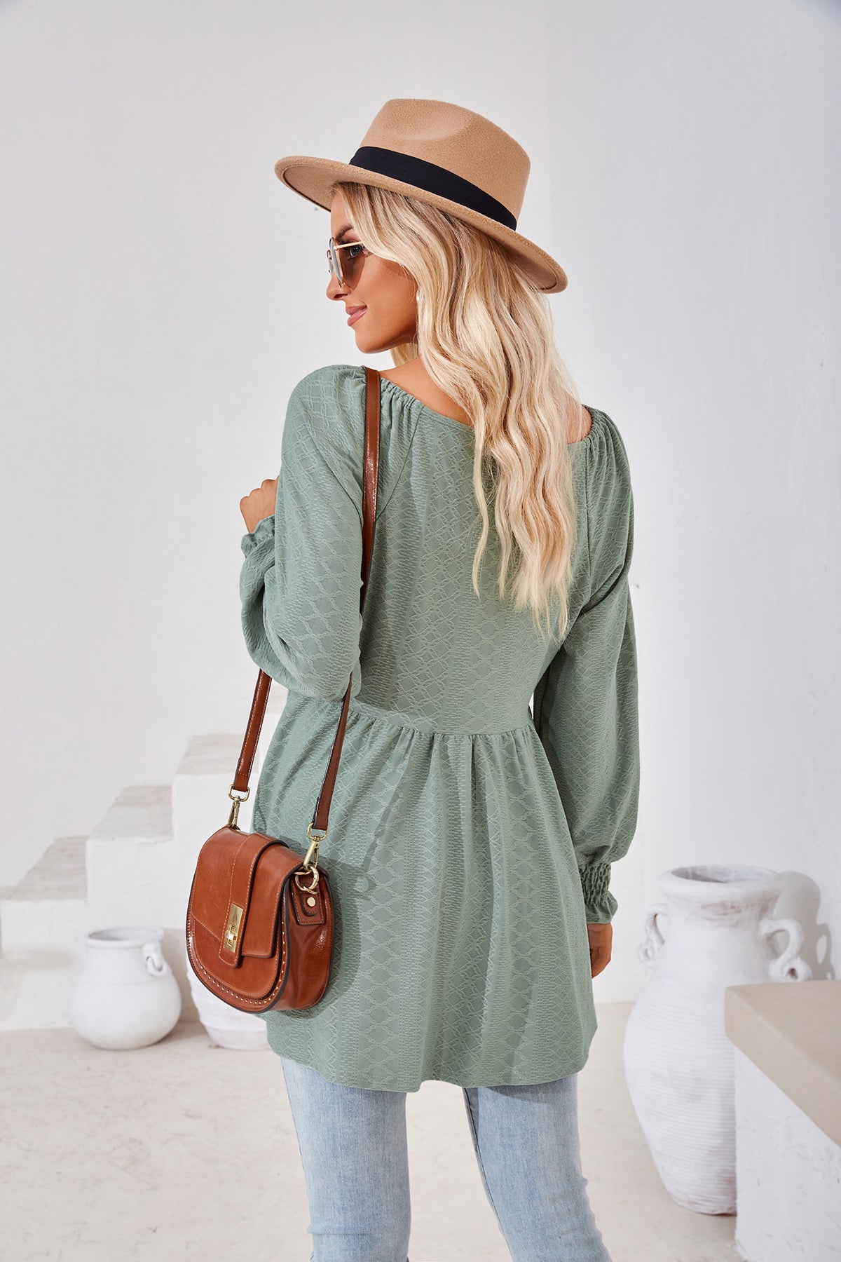 Women's V Neck Long Sleeve Textured Babydoll Tunic Top