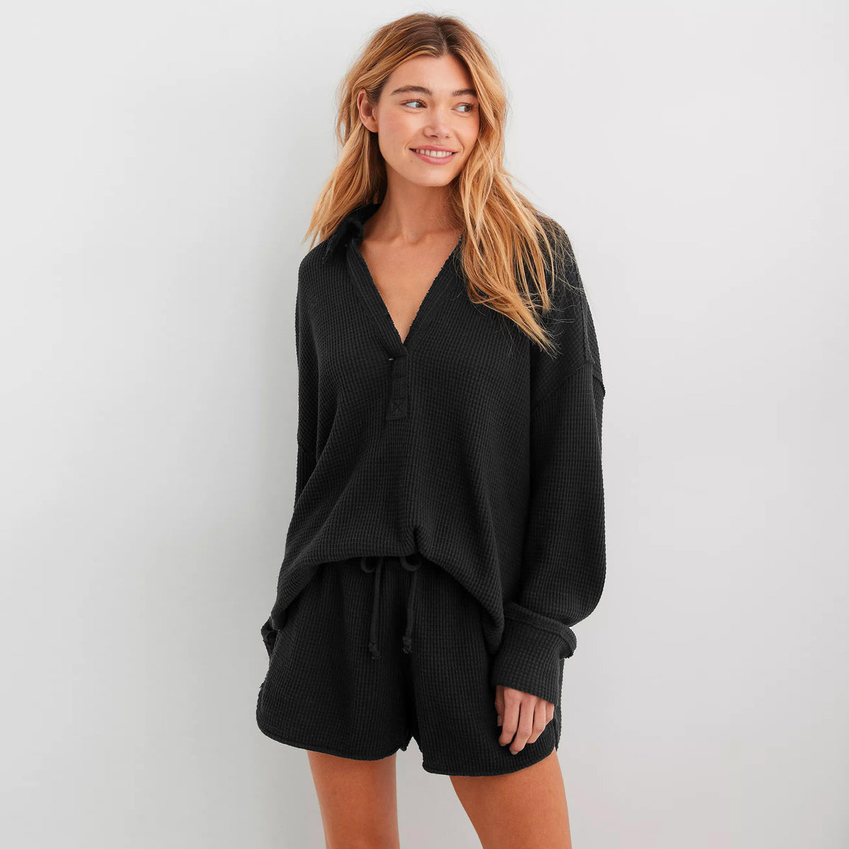 Oversized Waffle Knit Polo Collar Long Sleeve Sweater