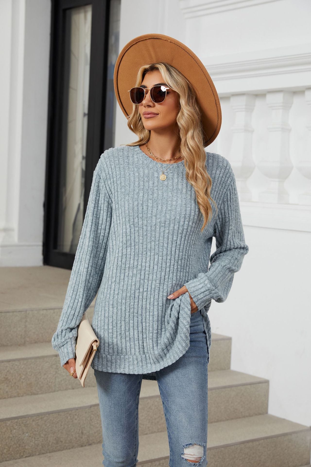 Solid Color Round Neck Long-sleeved Polished Loose T-shirt