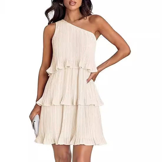 One Shoulder Tiered Pleated Ruffle Mini Dress for Summer