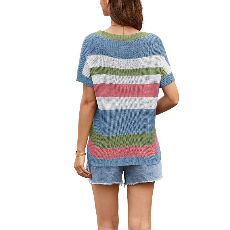 Summer Stripe Knit Pullover | Loose Casual Short Sleeve Top