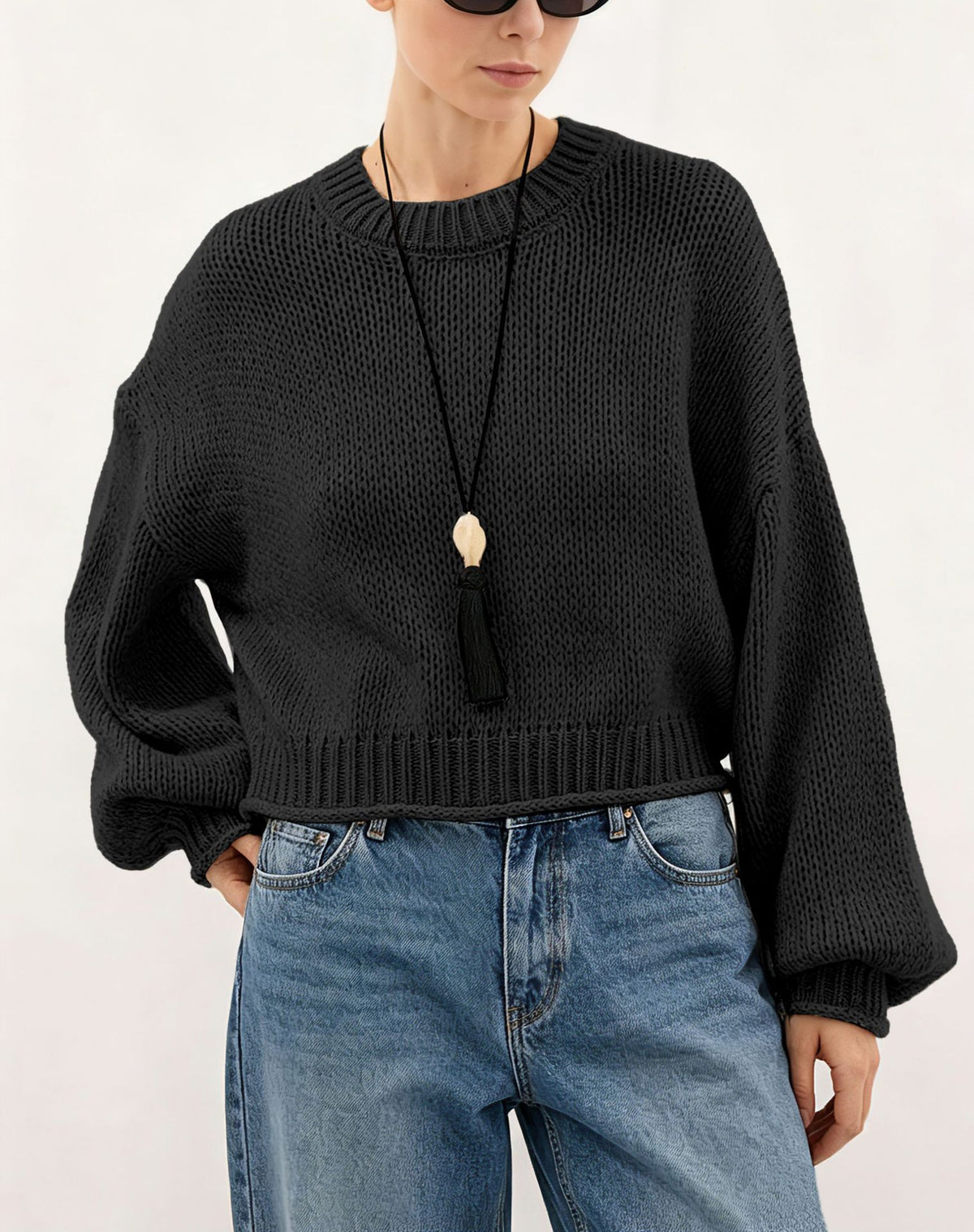 Women's Oversized Chunky Crew Neck Balloon Sleeve Sweater