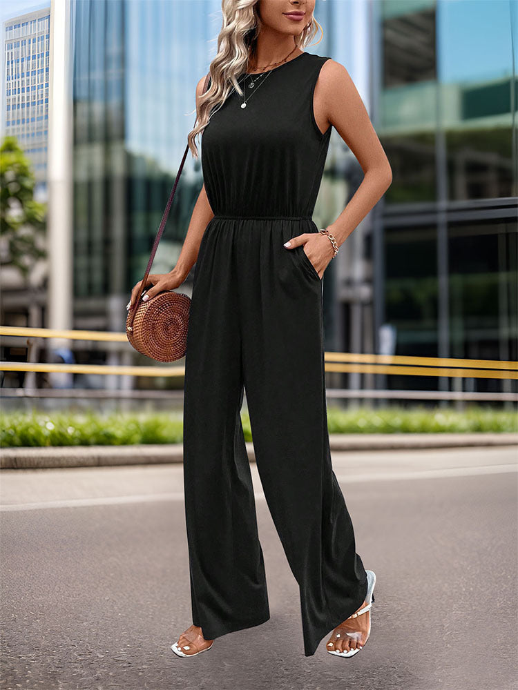 Women's Sleeveless High Waist Elastic Waist One-piece Straight Pants