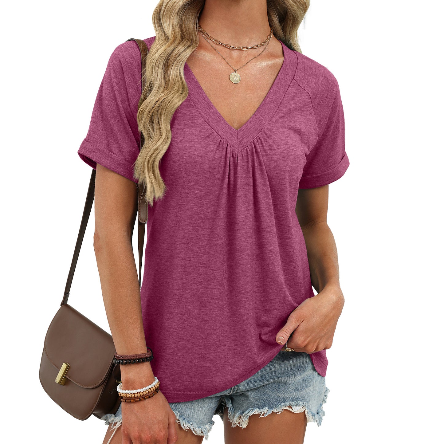 Women’s V Neck Pleated Short Sleeve Casual Blouse Top