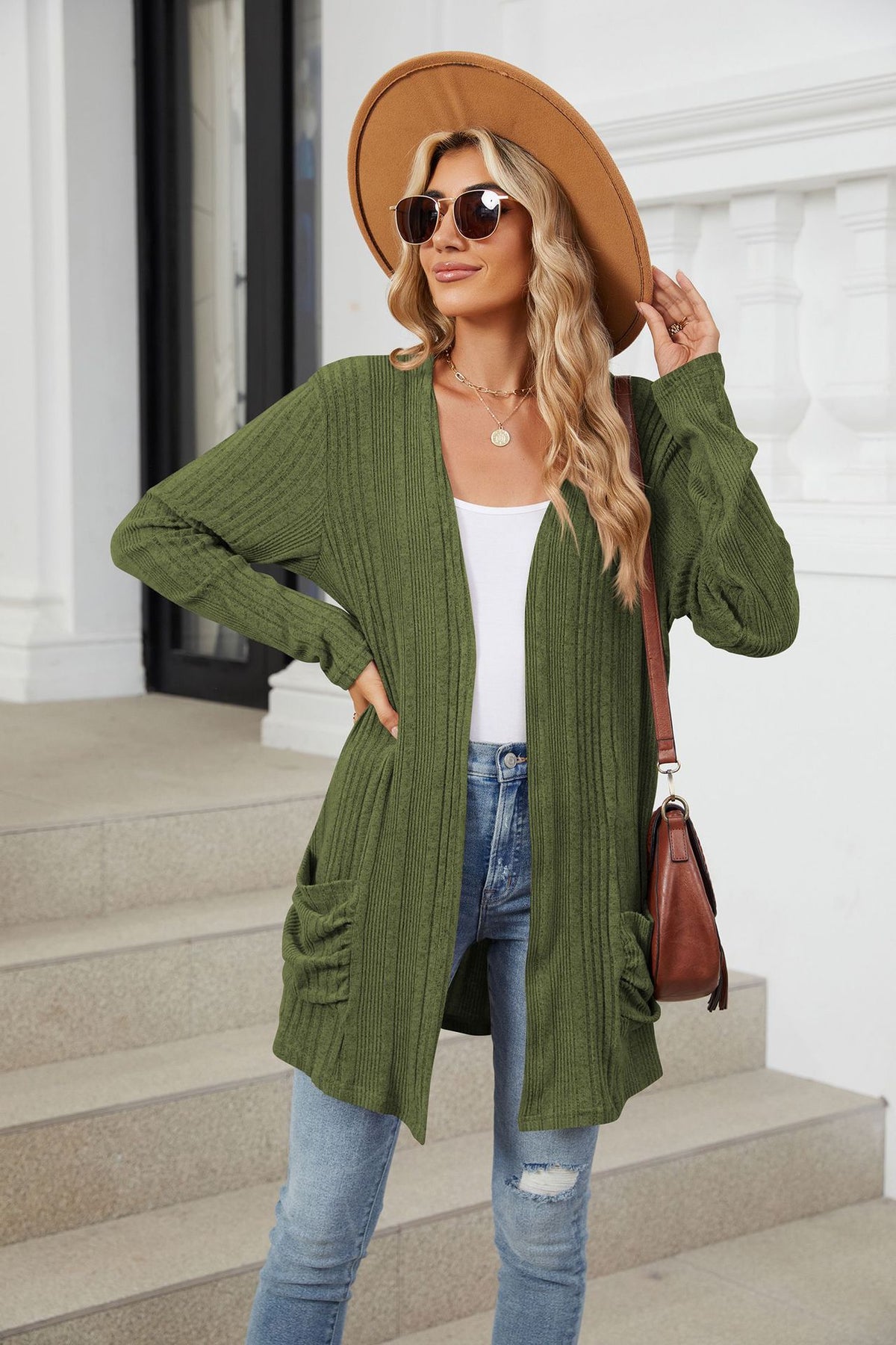 Women's Ribbed Long Cardigan Open Front with Pockets