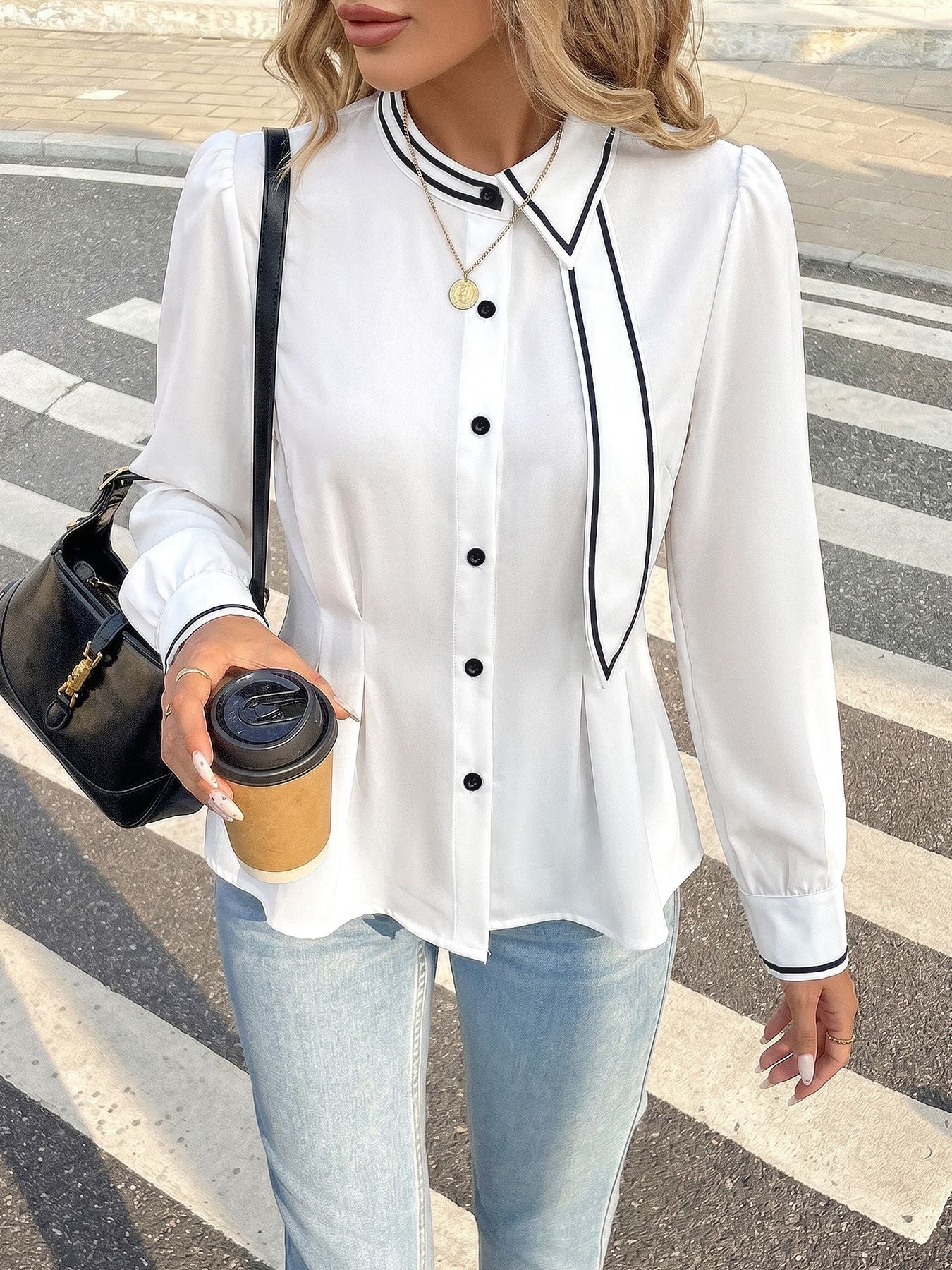 Contrast Blouse Workwear Tie-Neck Peplum