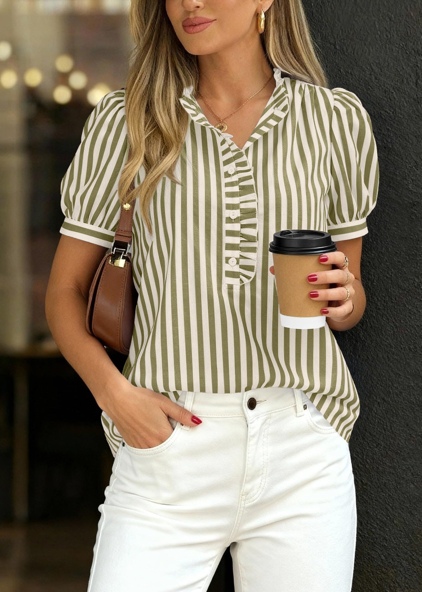 Striped Ruffle V Neck Blouse Puff Sleeve Summer Top