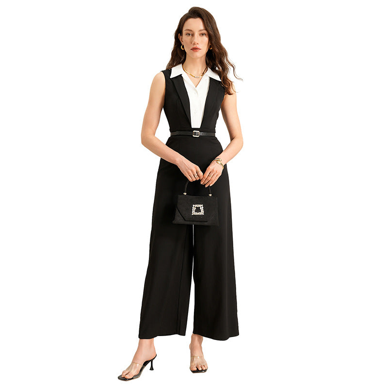 Black White Colorblock Sleeveless Wide Leg Jumpsuit