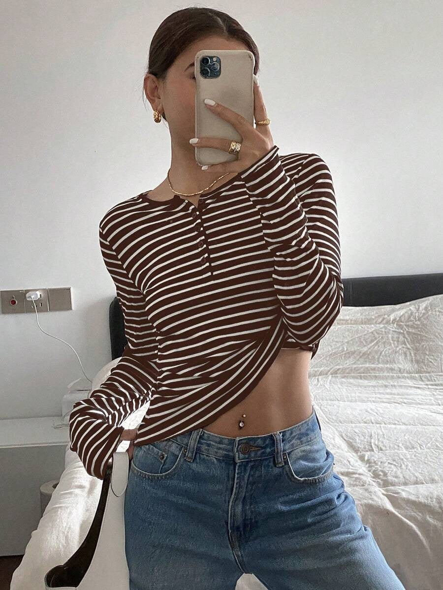 Striped Long Sleeve Top Henley Neck Casual Relaxed Fit Tee