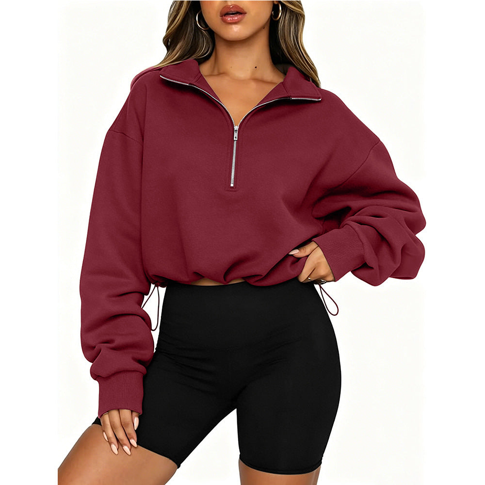Half-Zip Pullover Sweatshirt Casual Drawstring Cropped Top