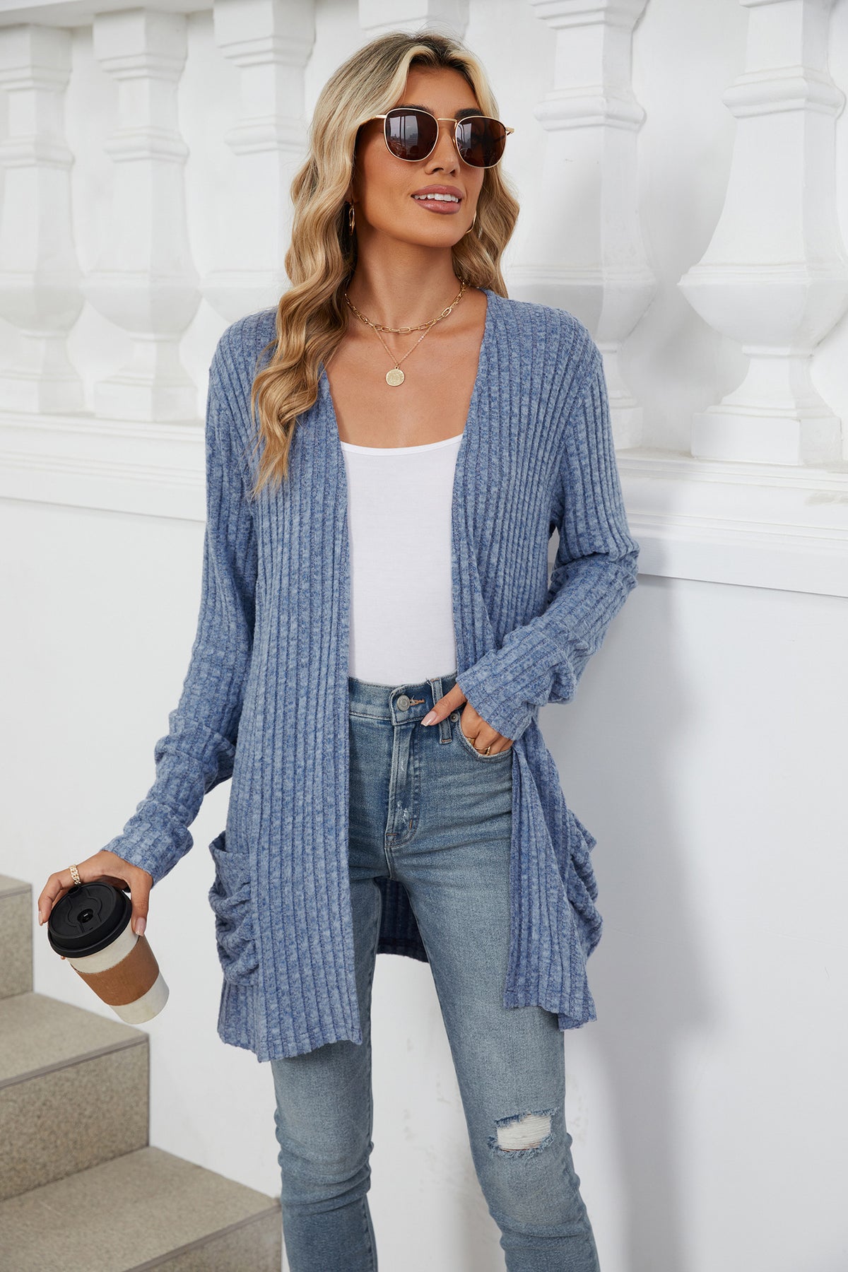 Women's Long Ribbed Open Front Cardigan with Pockets